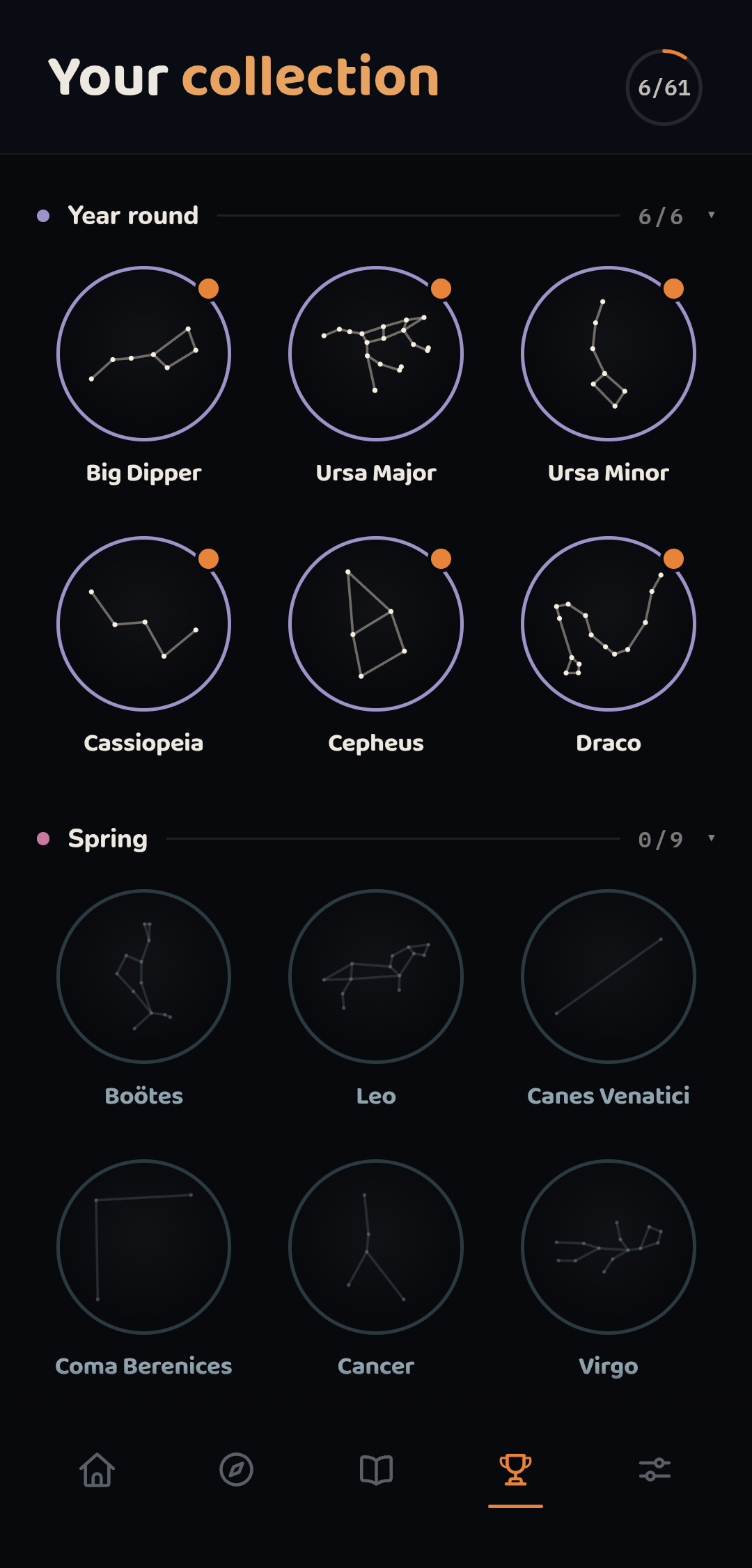 Constellation collection screen