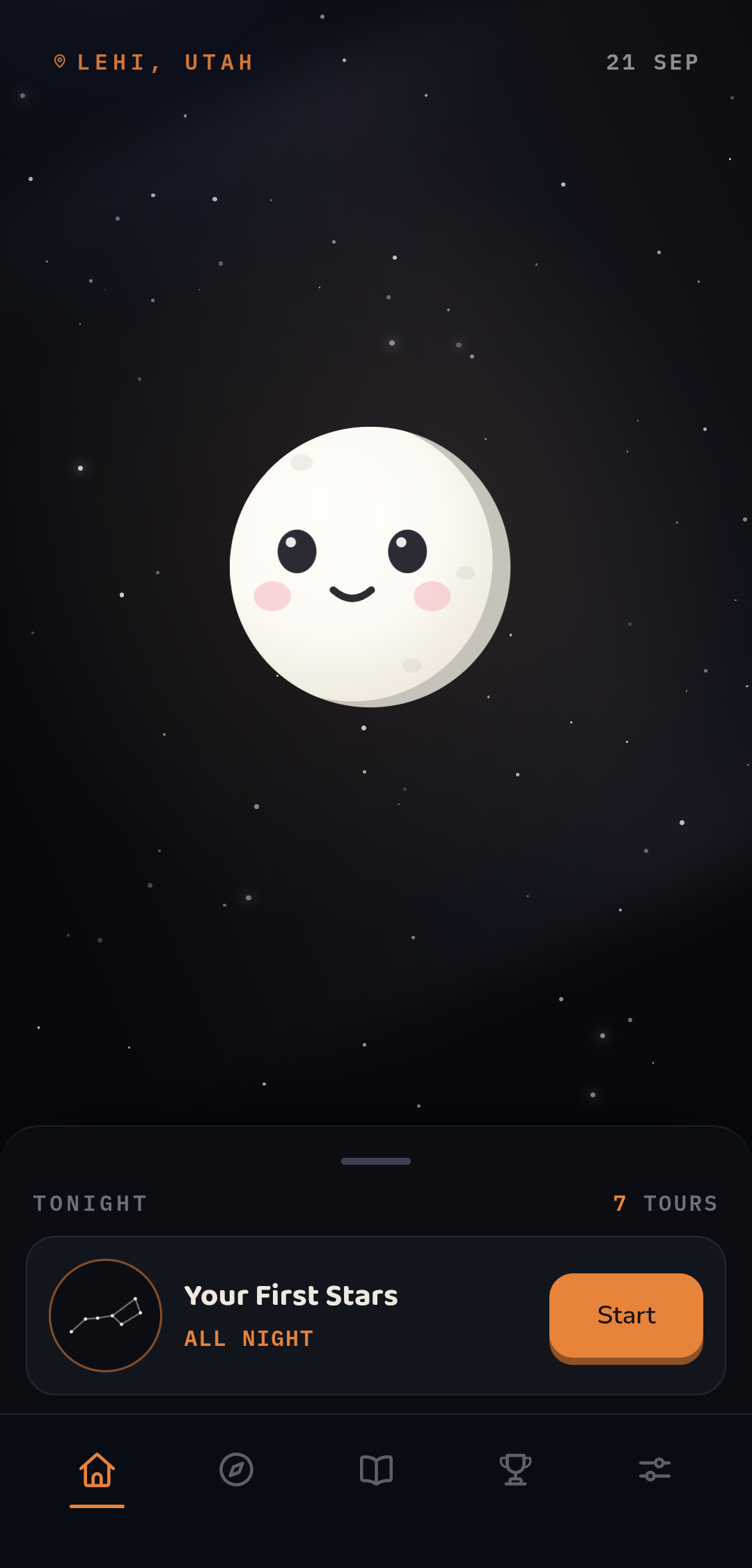 Learn the Stars home screen: tonight's sky over Lehi, Utah